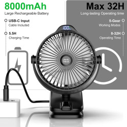 Minthouz Ventilateur Portable USB, Ventilateur Bureau Silencieux avec Clip, Batterie 8000mAh Rechargeable, 5 Vitesses, Idéal pou