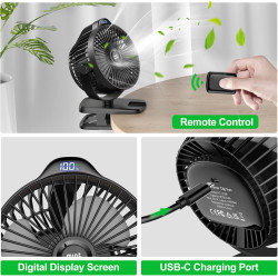 Minthouz Ventilateur Portable USB, Ventilateur Bureau Silencieux avec Clip, Batterie 8000mAh Rechargeable, 5 Vitesses, Idéal pou