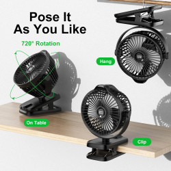 Minthouz Ventilateur Portable USB, Ventilateur Bureau Silencieux avec Clip, Batterie 8000mAh Rechargeable, 5 Vitesses, Idéal pou