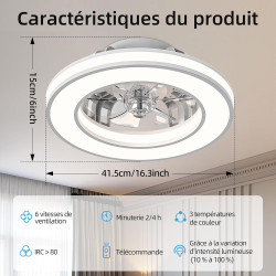 Ateroll Ventilateur Plafond avec Lumiere Ø41.5 cm, 3000K-4000K-6500K, 6 Vitesses de Ventilation Réglables avec Télécommande, Min