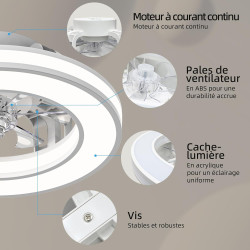 Ateroll Ventilateur Plafond avec Lumiere Ø41.5 cm, 3000K-4000K-6500K, 6 Vitesses de Ventilation Réglables avec Télécommande, Min