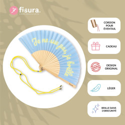 Fisura - Éventail original avec message en français "je ne sue pas". Éventail amusant en bois. Éventail pliant bleu et jaune. Ph