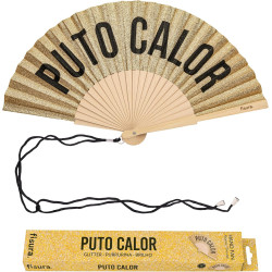 Fisura – Éventail Original avec Message “p*to calor”. Accessoire en Bois Moderne et coloré. Ventilateur à Main pailleté doré. Dr