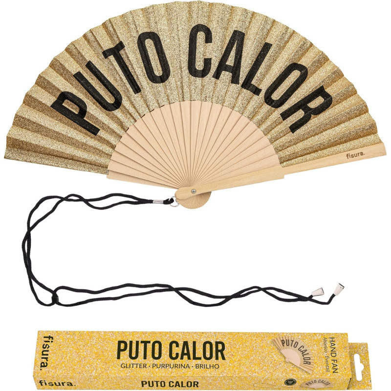 Fisura – Éventail Original avec Message “p*to calor”. Accessoire en Bois Moderne et coloré. Ventilateur à Main pailleté doré. Dr