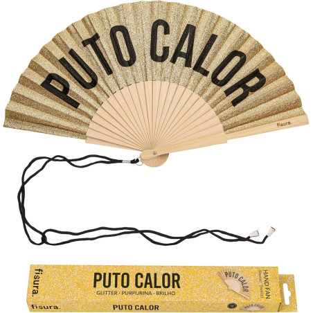 Fisura – Éventail Original avec Message “p*to calor”. Accessoire en Bois Moderne et coloré. Ventilateur à Main pailleté doré. Dr