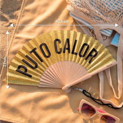 Fisura – Éventail Original avec Message “p*to calor”. Accessoire en Bois Moderne et coloré. Ventilateur à Main pailleté doré. Dr