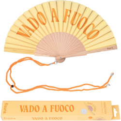 Fisura – Éventail en bois original avec message “vado a fuoco”. Accessoire moderne et coloré, ventilateur de poche jaune avec cr