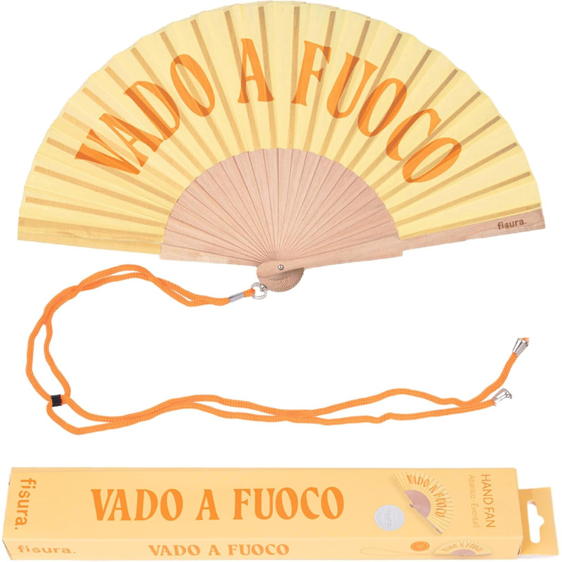 Fisura – Éventail en bois original avec message “vado a fuoco”. Accessoire moderne et coloré, ventilateur de poche jaune avec cr