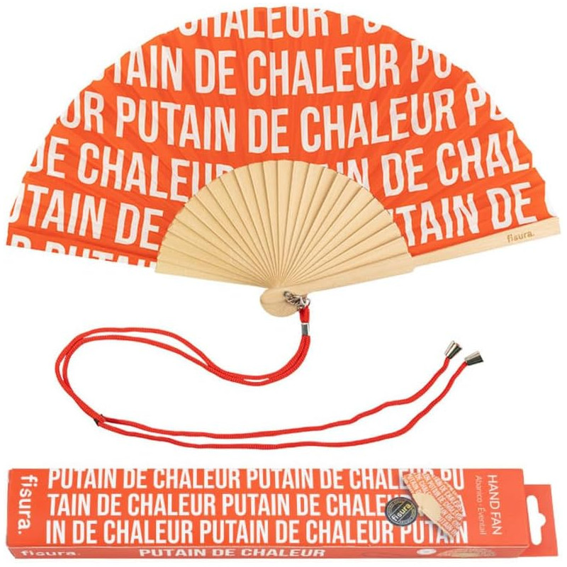 Fisura – Éventail original avec le message P*ttain de chaleur. Éventail moderne en bois, amusant. Rouge, motif. Dimensions : 42,