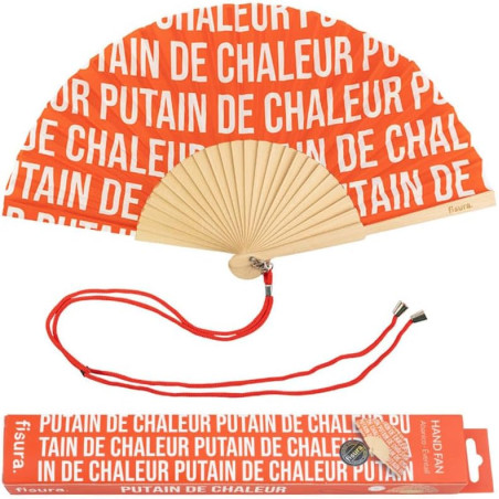 Fisura – Éventail original avec le message P*ttain de chaleur. Éventail moderne en bois, amusant. Rouge, motif. Dimensions : 42,