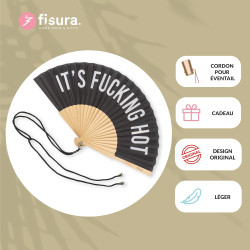 fisura. - Éventail original avec message en anglais f*cking hot. Éventail moderne et amusant en bois. Éventail noir et blanc. Me