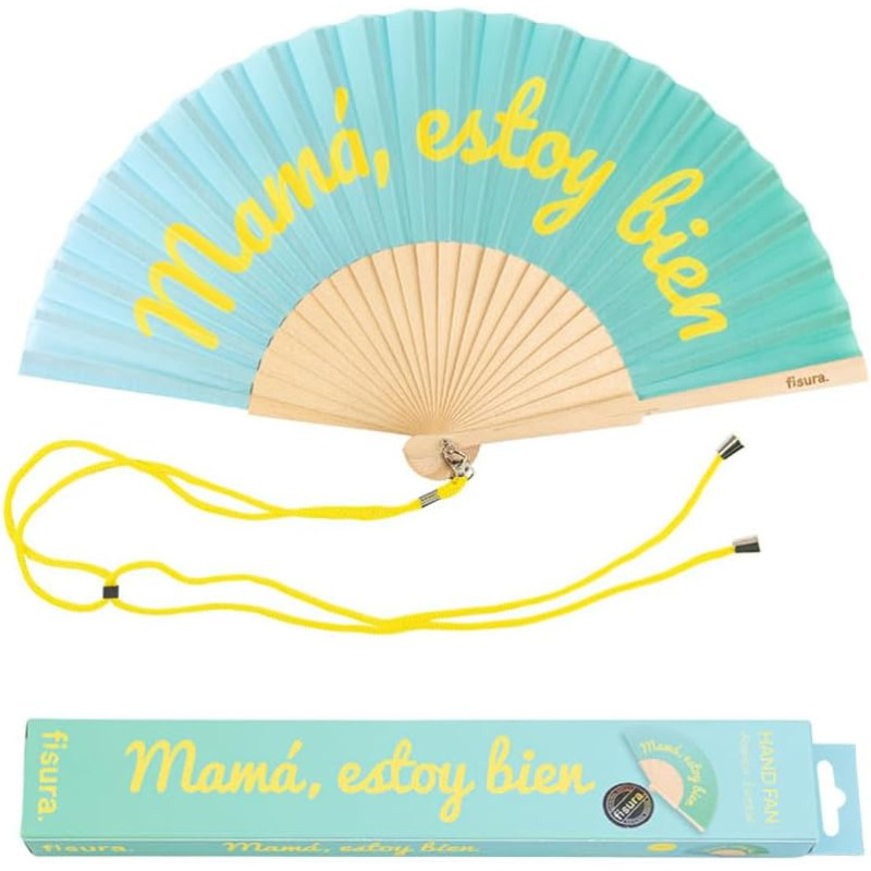 Fisura – Éventail Original avec Message “Mamá, Estoy Bien”. Éventail en Bois Moderne et Amusant. Éventail dégradé Bleu et Jaune.