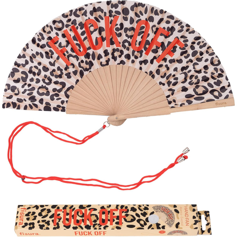 Fisura – Éventail en Bois Original avec Message “f*CK Off”. Accessoire Audacieux et coloré, Ventilateur à Main imprimé léopard e