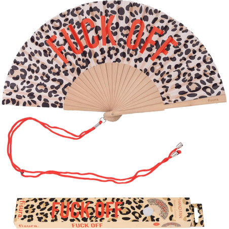 Fisura – Éventail en Bois Original avec Message “f*CK Off”. Accessoire Audacieux et coloré, Ventilateur à Main imprimé léopard e