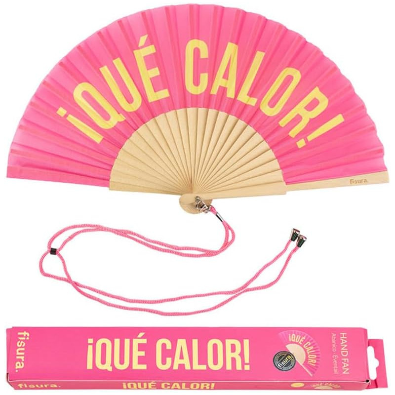Fisura - Éventail original avec message en espagnol "que calor". Éventail moderne et amusant en bois. Éventail pliant rose et ja