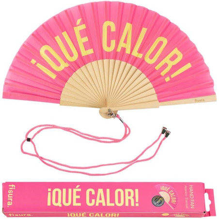 Fisura - Éventail original avec message en espagnol "que calor". Éventail moderne et amusant en bois. Éventail pliant rose et ja
