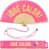 Fisura - Éventail original avec message en espagnol "que calor". Éventail moderne et amusant en bois. Éventail pliant rose et ja
