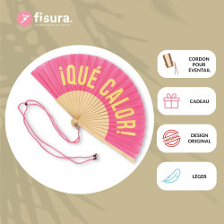 Fisura - Éventail original avec message en espagnol "que calor". Éventail moderne et amusant en bois. Éventail pliant rose et ja