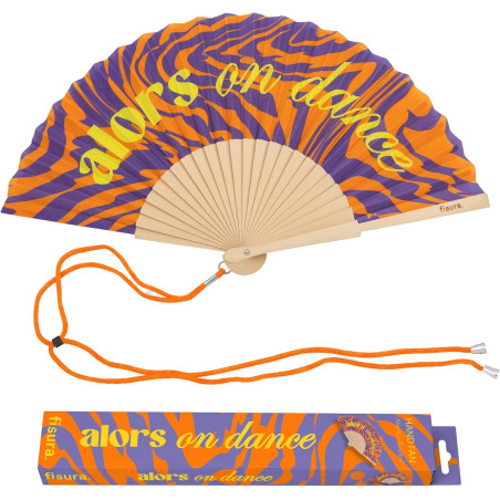 Fisura – éventail original avec message “alors on dance”. accessoire en bois moderne et coloré. ventilateur à main orange et vio