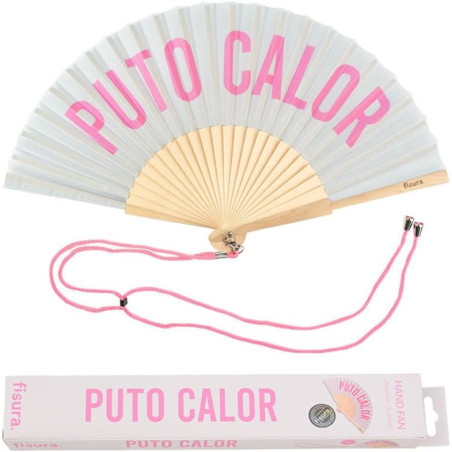 Fisura - Éventail original avec message en espagnolo "p*to calor". Eventail en bois moderne et amusant. Eventail pliant gris et 