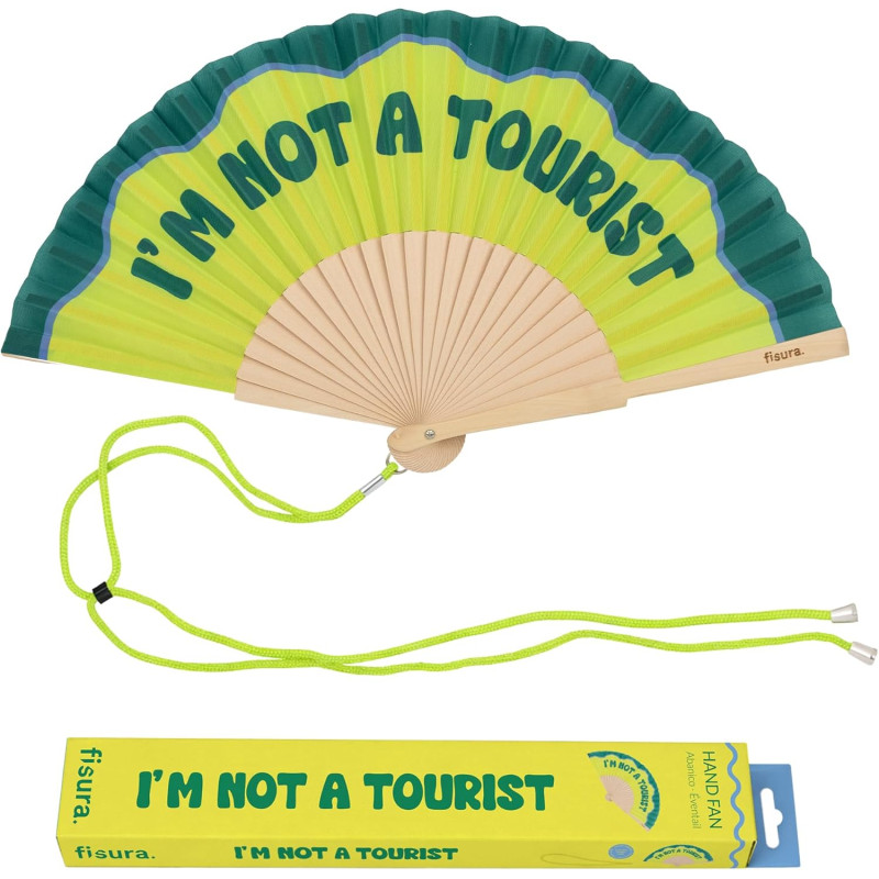 Fisura – Éventail Original avec Message « I’m Not a Tourist » – Éventail en Bois Moderne Vert. Accessoire coloré avec Cordon Inc