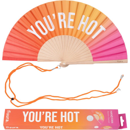 Fisura – éventail en bois original avec message “you are h*t”. accessoire moderne et coloré, ventilateur de poche dégradé rose e