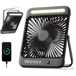 Warmco Ventilateur Portable Rechargeable 20000mAh 27 cm, Autonomie de 15 à 48 Heures, Lumière LED, Ultrafin, Avec Crochets, Vent