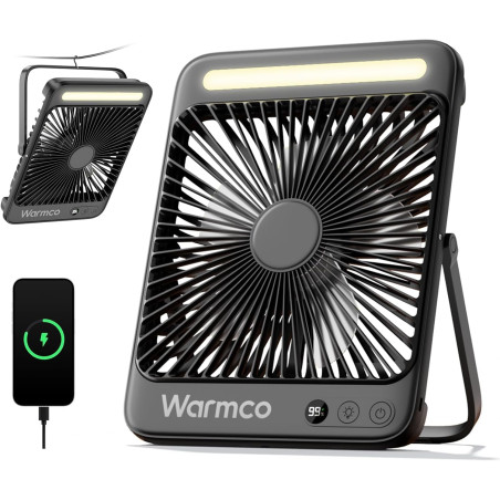 Warmco Ventilateur Portable Rechargeable 20000mAh 27 cm, Autonomie de 15 à 48 Heures, Lumière LED, Ultrafin, Avec Crochets, Vent