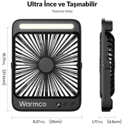Warmco Ventilateur Portable Rechargeable 20000mAh 27 cm, Autonomie de 15 à 48 Heures, Lumière LED, Ultrafin, Avec Crochets, Vent