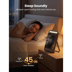 Warmco Ventilateur Portable Rechargeable 20000mAh 27 cm, Autonomie de 15 à 48 Heures, Lumière LED, Ultrafin, Avec Crochets, Vent