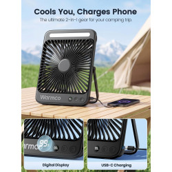 Warmco Ventilateur Portable Rechargeable 20000mAh 27 cm, Autonomie de 15 à 48 Heures, Lumière LED, Ultrafin, Avec Crochets, Vent