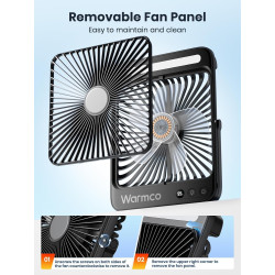 Warmco Ventilateur Portable Rechargeable 20000mAh 27 cm, Autonomie de 15 à 48 Heures, Lumière LED, Ultrafin, Avec Crochets, Vent