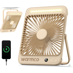 Warmco Ventilateur Portable Rechargeable 20000mAh 27 cm, Autonomie de 15 à 48 Heures, Lumière LED, Ultrafin, Avec Crochets, Vent