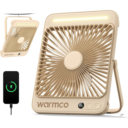 Warmco Ventilateur Portable Rechargeable 20000mAh 27 cm, Autonomie de 15 à 48 Heures, Lumière LED, Ultrafin, Avec Crochets, Vent