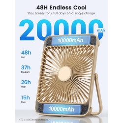 Warmco Ventilateur Portable Rechargeable 20000mAh 27 cm, Autonomie de 15 à 48 Heures, Lumière LED, Ultrafin, Avec Crochets, Vent