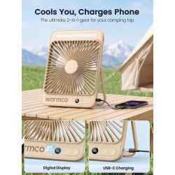 Warmco Ventilateur Portable Rechargeable 20000mAh 27 cm, Autonomie de 15 à 48 Heures, Lumière LED, Ultrafin, Avec Crochets, Vent