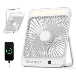Warmco Ventilateur Portable Rechargeable 20000mAh 27 cm, Autonomie de 15 à 48 Heures, Lumière LED, Ultrafin, Avec Crochets, Vent