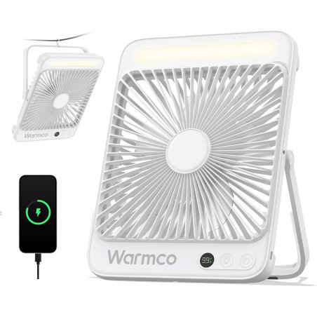 Warmco Ventilateur Portable Rechargeable 20000mAh 27 cm, Autonomie de 15 à 48 Heures, Lumière LED, Ultrafin, Avec Crochets, Vent