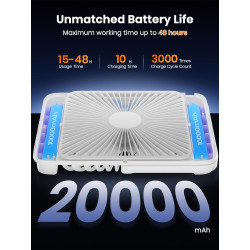 Warmco Ventilateur Portable Rechargeable 20000mAh 27 cm, Autonomie de 15 à 48 Heures, Lumière LED, Ultrafin, Avec Crochets, Vent