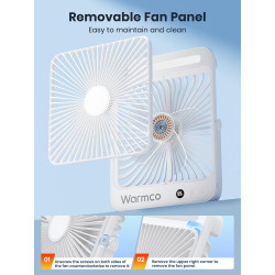 Warmco Ventilateur Portable Rechargeable 20000mAh 27 cm, Autonomie de 15 à 48 Heures, Lumière LED, Ultrafin, Avec Crochets, Vent