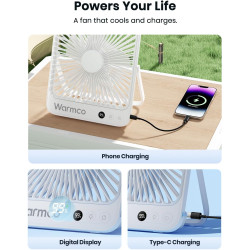 Warmco Ventilateur Portable Rechargeable 20000mAh 27 cm, Autonomie de 15 à 48 Heures, Lumière LED, Ultrafin, Avec Crochets, Vent