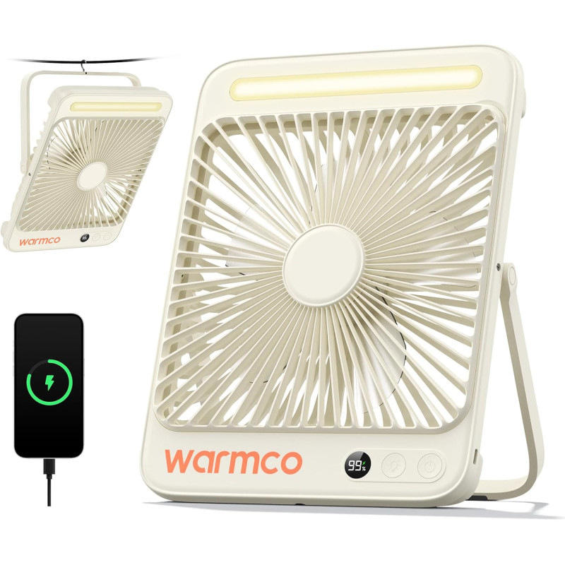 Warmco Ventilateur Portable Rechargeable 20000mAh 27 cm, Autonomie de 15 à 48 Heures, Lumière LED, Ultrafin, Avec Crochets, Vent
