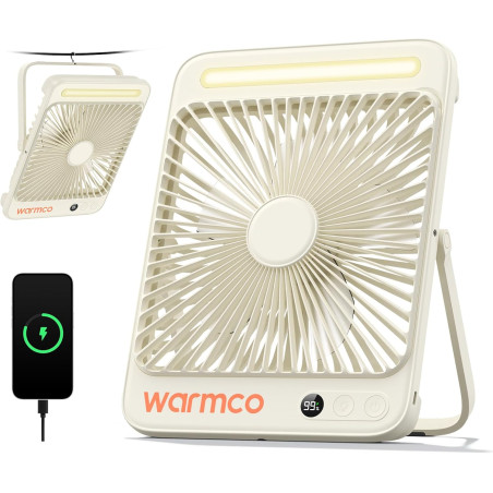 Warmco Ventilateur Portable Rechargeable 20000mAh 27 cm, Autonomie de 15 à 48 Heures, Lumière LED, Ultrafin, Avec Crochets, Vent