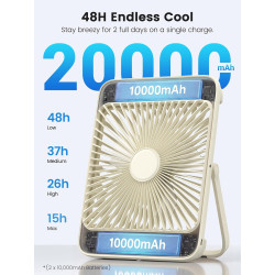 Warmco Ventilateur Portable Rechargeable 20000mAh 27 cm, Autonomie de 15 à 48 Heures, Lumière LED, Ultrafin, Avec Crochets, Vent