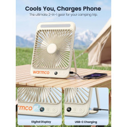 Warmco Ventilateur Portable Rechargeable 20000mAh 27 cm, Autonomie de 15 à 48 Heures, Lumière LED, Ultrafin, Avec Crochets, Vent