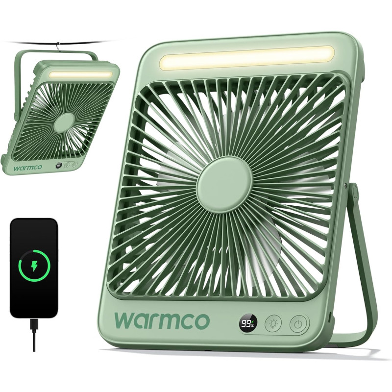 Warmco Ventilateur Portable Rechargeable 20000mAh 27 cm, Autonomie de 15 à 48 Heures, Lumière LED, Ultrafin, Avec Crochets, Vent