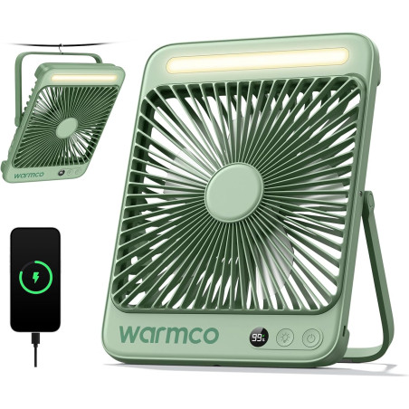 Warmco Ventilateur Portable Rechargeable 20000mAh 27 cm, Autonomie de 15 à 48 Heures, Lumière LED, Ultrafin, Avec Crochets, Vent