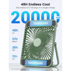 Warmco Ventilateur Portable Rechargeable 20000mAh 27 cm, Autonomie de 15 à 48 Heures, Lumière LED, Ultrafin, Avec Crochets, Vent