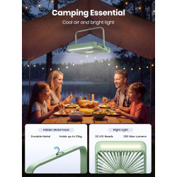 Warmco Ventilateur Portable Rechargeable 20000mAh 27 cm, Autonomie de 15 à 48 Heures, Lumière LED, Ultrafin, Avec Crochets, Vent