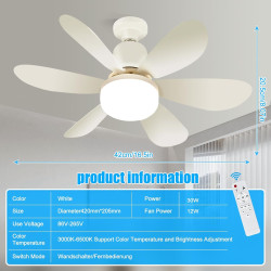 Ulikey Ventilateur de Plafond avec Lumière, 40W Ventilateur avec Telecommande et Lumière, Silencieux, 3 Vitesses et, 6 Pales, Do